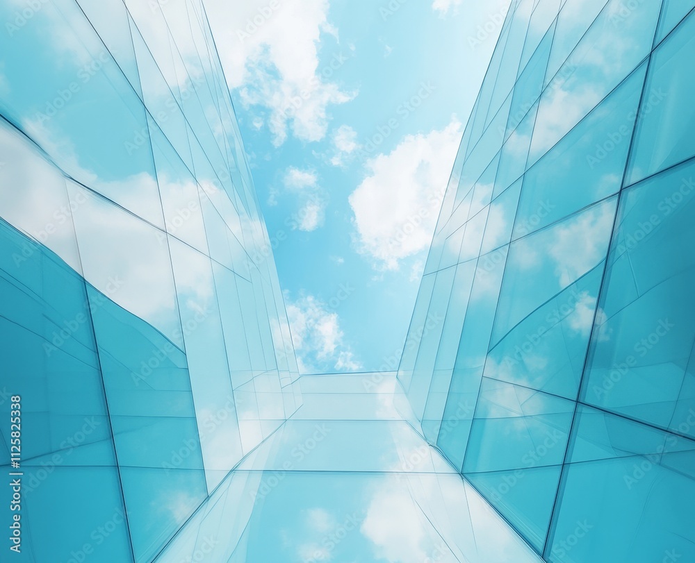 Poster sky reflected in modern glass building's facade, creating a sense of height and openness.