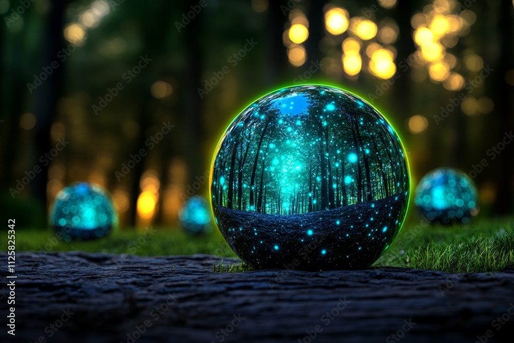 Poster a magical ecommerce marketplace with floating products displayed in glowing orbs, set in a dreamy, e