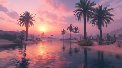 Obraz premium A serene desert landscape at sunset, featuring palm trees and a calm river.