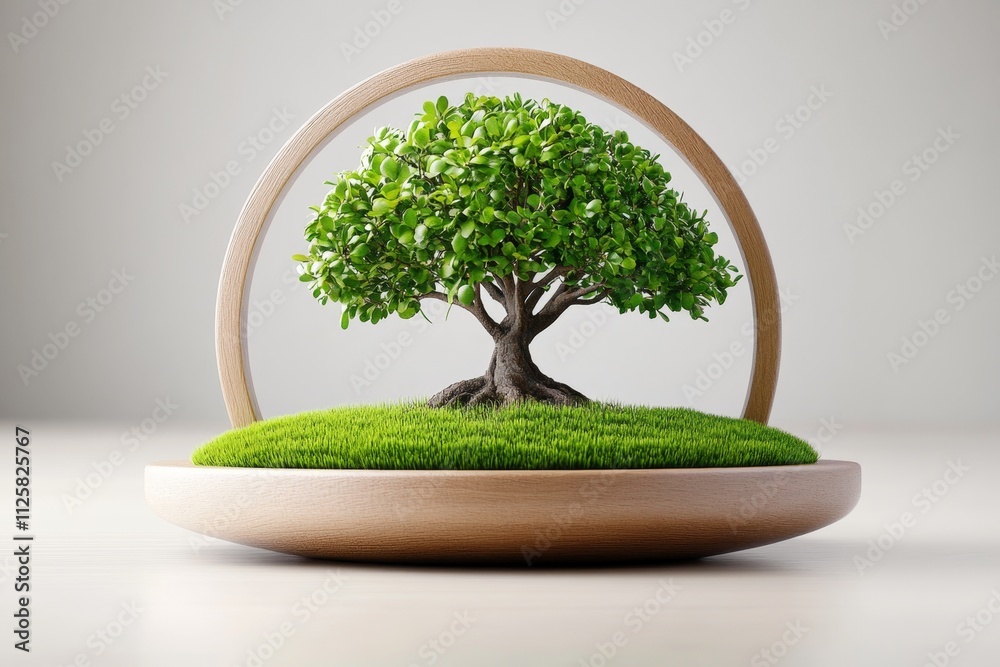 Poster a minimalist depiction of a dwarf bonsai tree, its branches forming a perfect circle against a plain