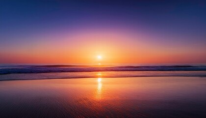 Fototapeta premium Serene Sunset Beachscape: A breathtaking sunset paints the sky with vibrant hues of orange, purple, and blue, its reflection shimmering on the tranquil ocean waves.