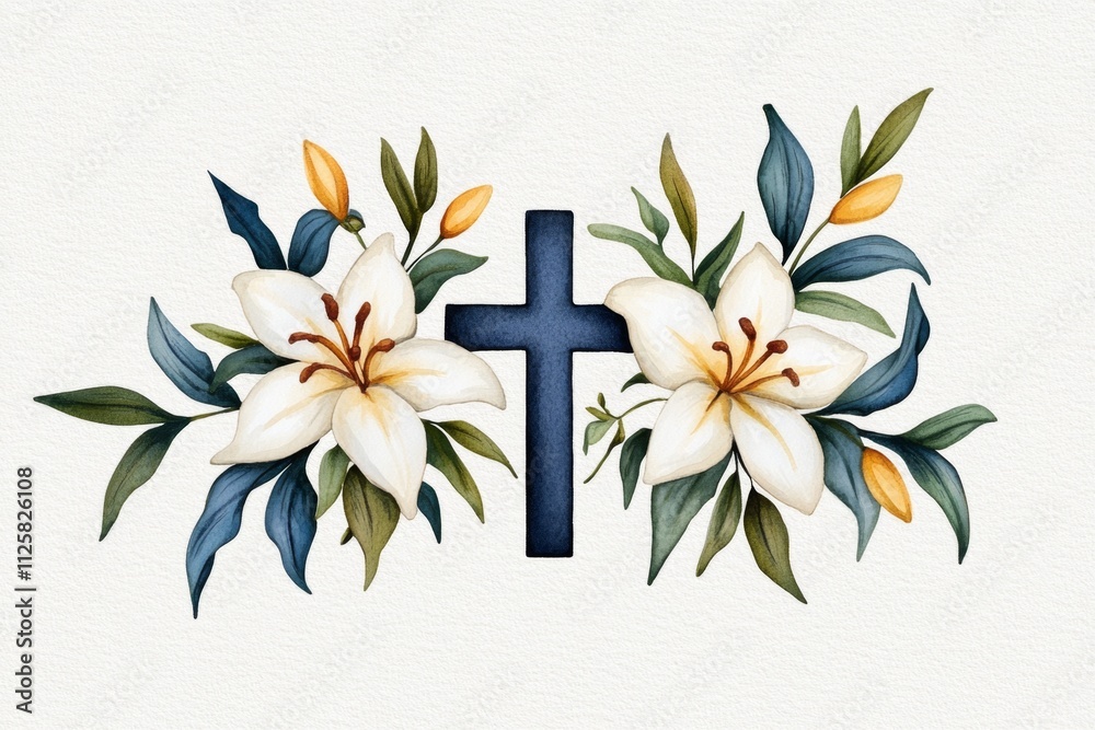 Poster a minimalist design of a cross surrounded by lilies, illustrated with clean lines and muted pastel c