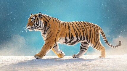 Obraz premium Siberian tiger walking in snowy landscape nature photography side view