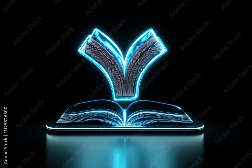 Poster a minimalist flat design of an ebook icon, featuring a digital tablet with a glowing book graphic in