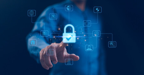 Cybersecurity, encryption, data privacy. Secure connections with icons like padlocks and shields, protection in the virtual world. Secured access to user personal data. Data protection.