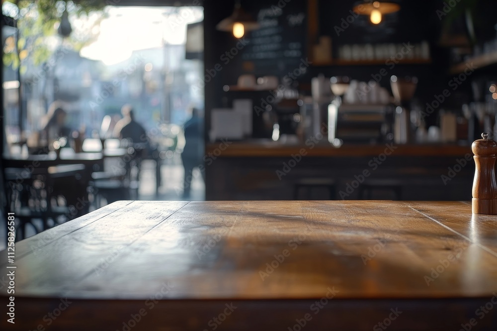 Poster empty wooden table in a sunlit cafe with blurred background of customers.