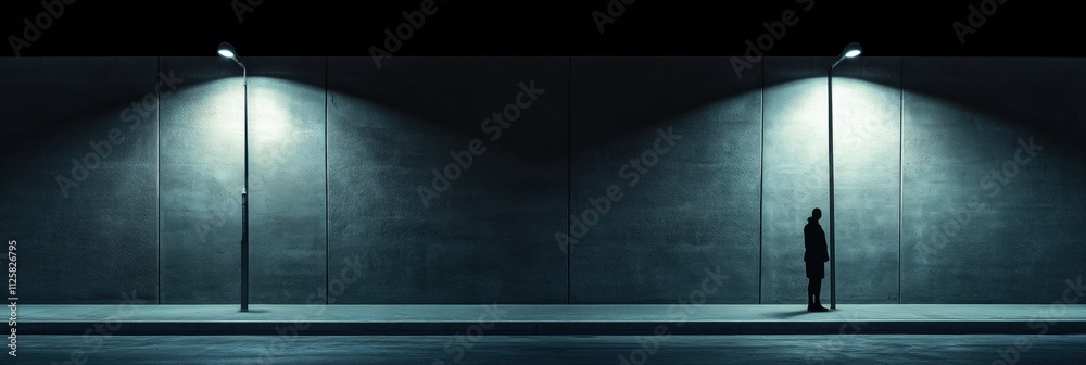 Aufkleber a solitary person stands still on an empty street at night, surrounded by dim streetlights creating 