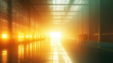 A serene shipping area where glowing automation systems operate seamlessly, warm natural light streaming in