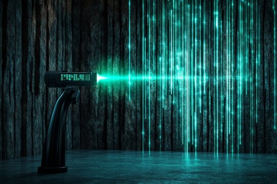 A monochromatic graphic of a barcode scanner with a glowing beam, symbolizing fast and efficient ecommerce operations