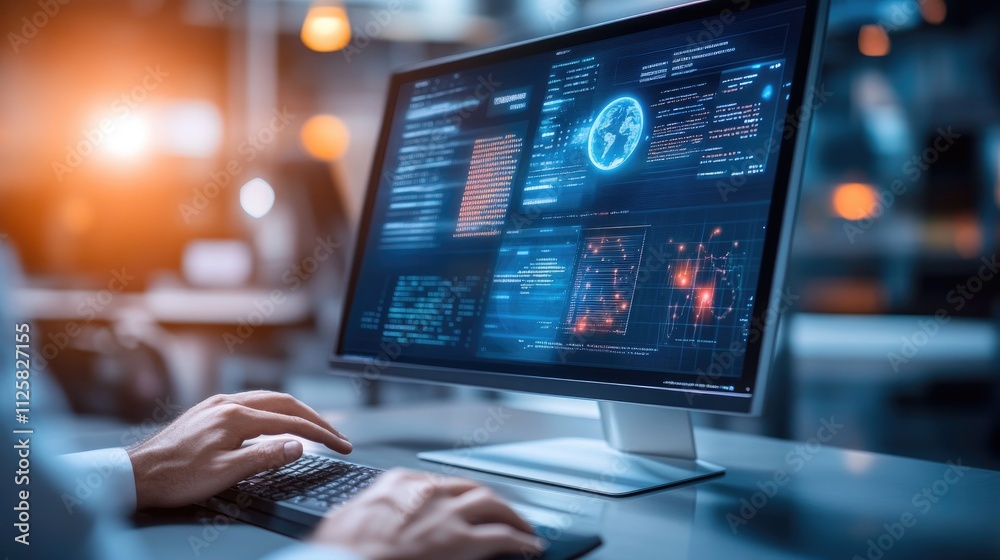 Poster advanced data analysis on computer monitor in high-tech environment