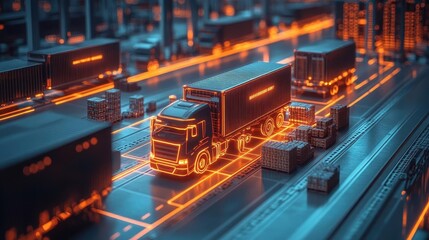 A symbolic glowing workflow map overlaying a busy loading dock, connecting pallets and trucks, warm ambient tones