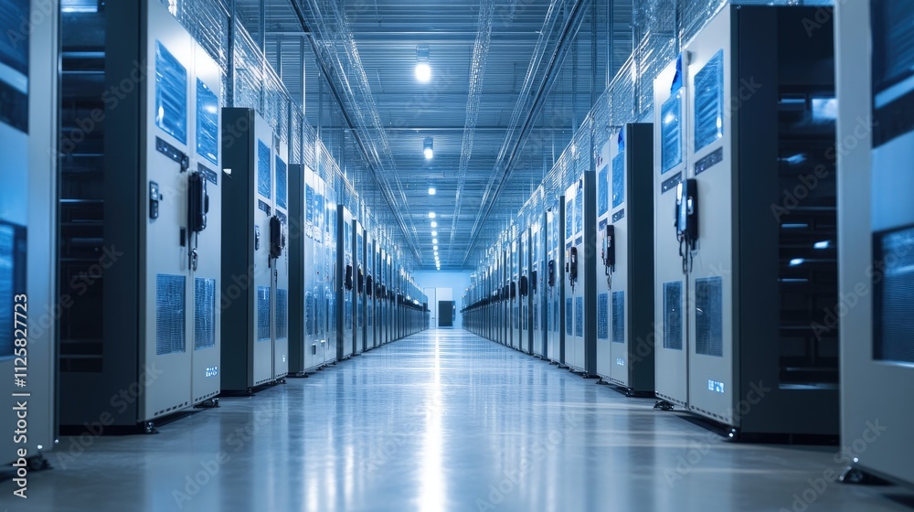 Poster high-tech data center with server racks and modern infrastructure