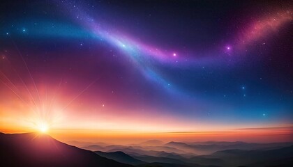 Fototapeta premium Cosmic Sunrise: A breathtaking view of a vibrant sunrise over a mountain range, with a stunning galaxy of stars and nebulae filling the night sky above.
