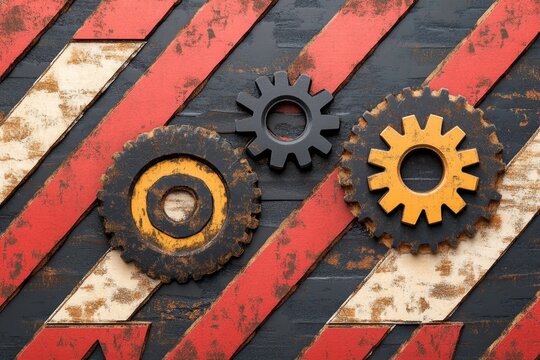 A retro-style poster of an efficiency-themed design, featuring gears, arrows, and bold typography in muted industrial tones