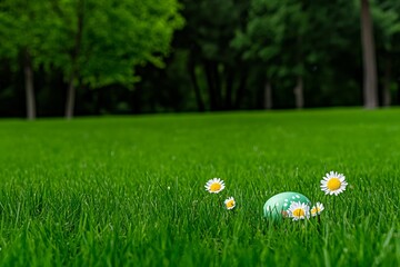 Naklejka premium A serene image of a green meadow dotted with Easter eggs hidden among the tall grass and blooming daisies