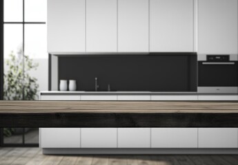 Modern kitchen interior with wooden counter, white cabinets, and dark backsplash.