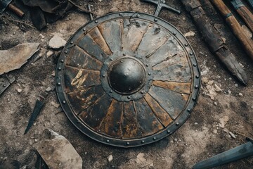 Naklejka premium A weathered shield surrounded by various ancient weapons and tools on a rugged surface.