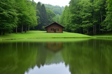A serene image of a lake surrounded by trees, with an eco-friendly cabin visible on the shore