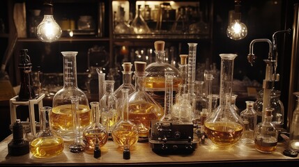 Collection of Glass Laboratory Equipment with Golden Liquids