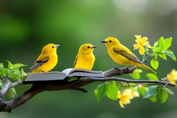 A serene image of an ebook reader in a garden setting, with birds and blooming flowers adding a natural aesthetic