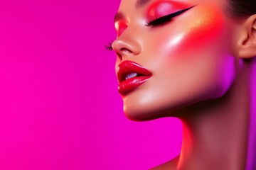 Obraz premium Stunning Beauty Portrait with Bold Makeup and Vibrant Colors Against a Pink Background Showcasing Glamorous and Artistic Facial Features for Fashion and Beauty Trends