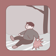 Safety accident in the middle of winter, ice, illustration of person falling on icy road