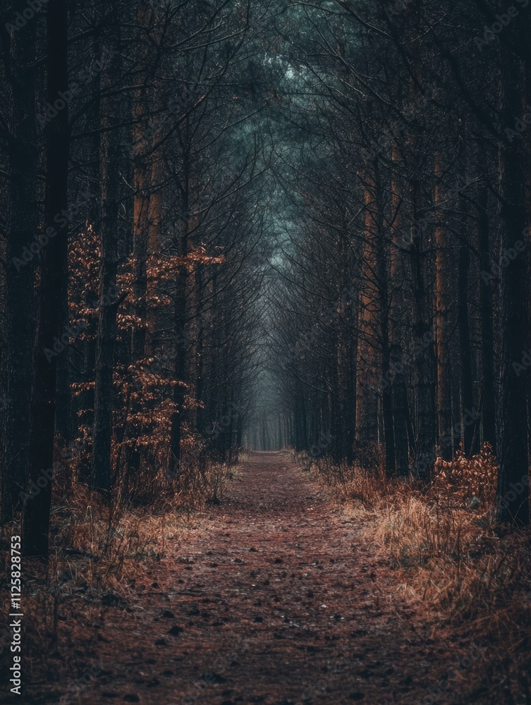 Aufkleber pathway through a serene forest leads into thick woods, providing a tranquil atmosphere perfect for 