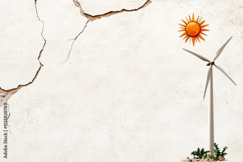 Poster a simple design of a wind turbine with a sun behind it, using muted earth tones and bold, clean line