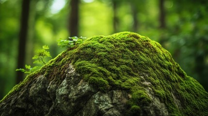 Lush Green Mossy Rock in a Forest