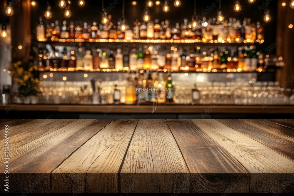 Poster empty wooden bar top with blurred background of liquor bottles and lights.
