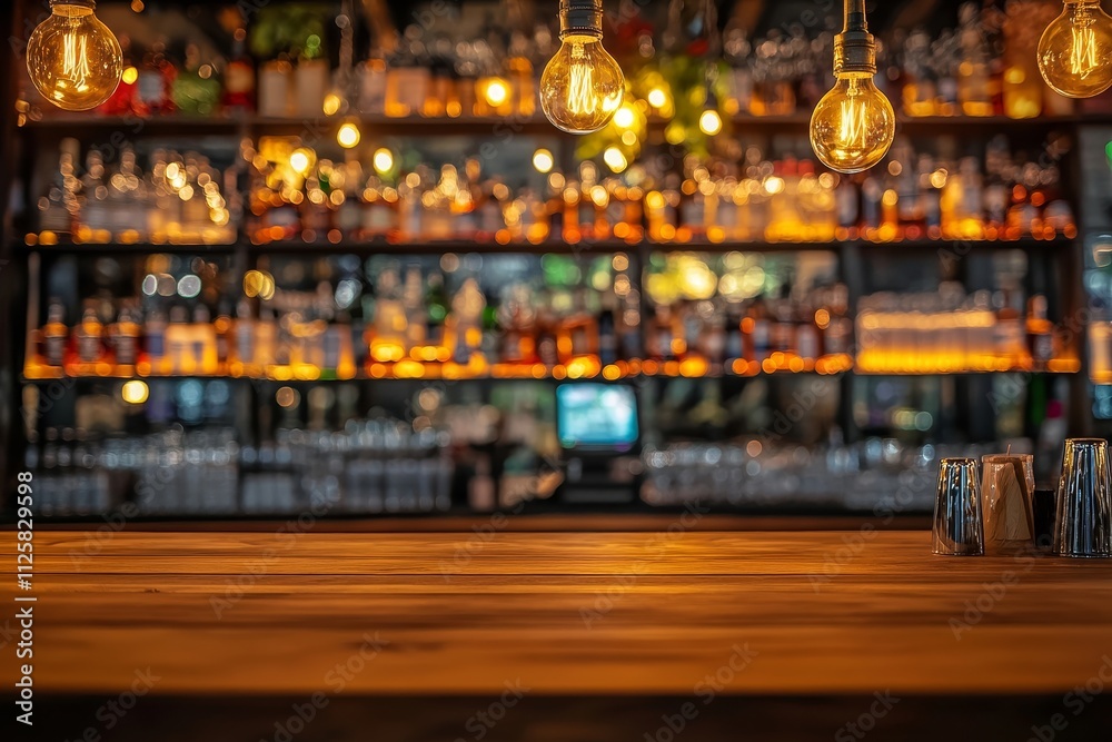 Poster empty wooden bar counter with blurred background of liquor bottles and warm lighting.