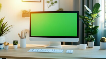 Modern Office Desk with Desktop Computer and Chromakey Display Screen Mockup