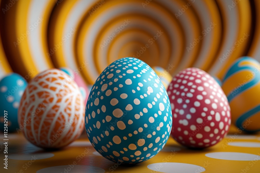 Poster A vibrant 3D rendering of colorful Easter eggs arranged in a spiral, with glowing patterns and reflections creating a dynamic visual effect