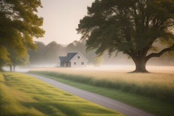 Serene Country Sunrise: Farmhouse in the Mist