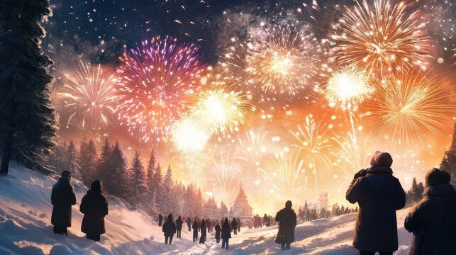 Winter fireworks display over snowy landscape.