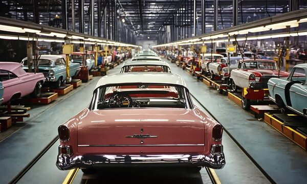 A vintage car manufacturing assembly line featuring rows of classic cars, showcasing the industrial process of automobile production.