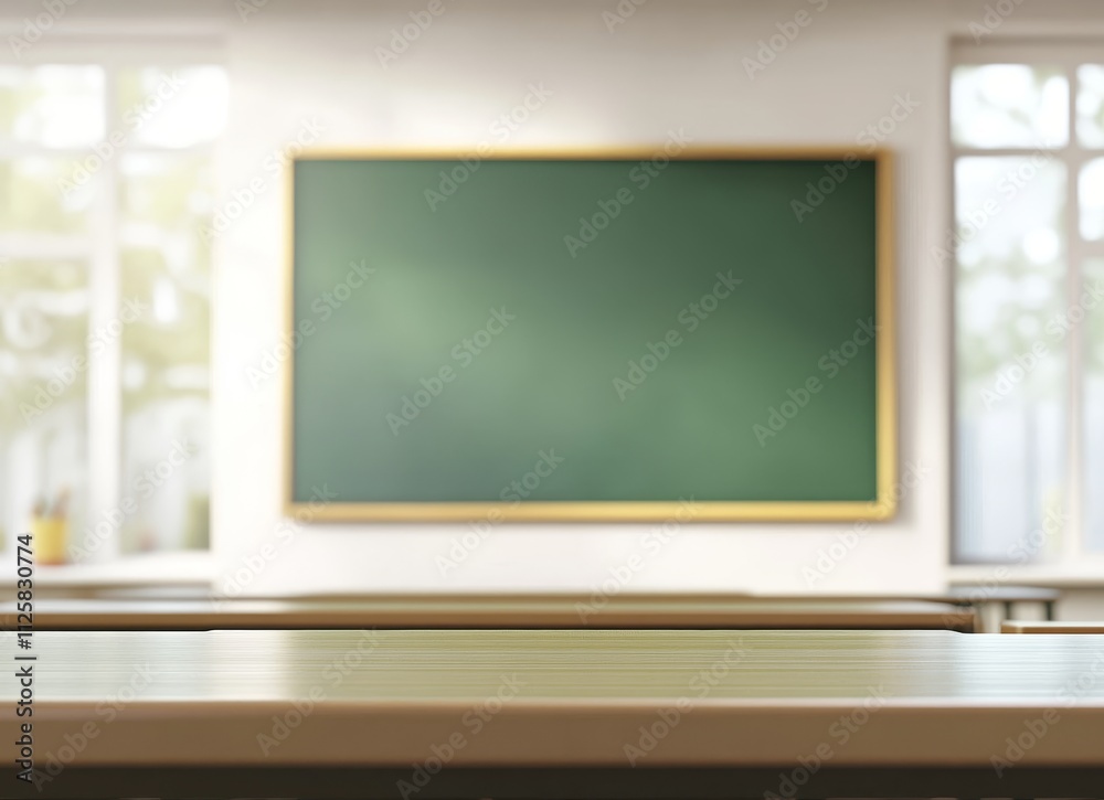 Poster empty classroom desk with blurred chalkboard and windows in background.