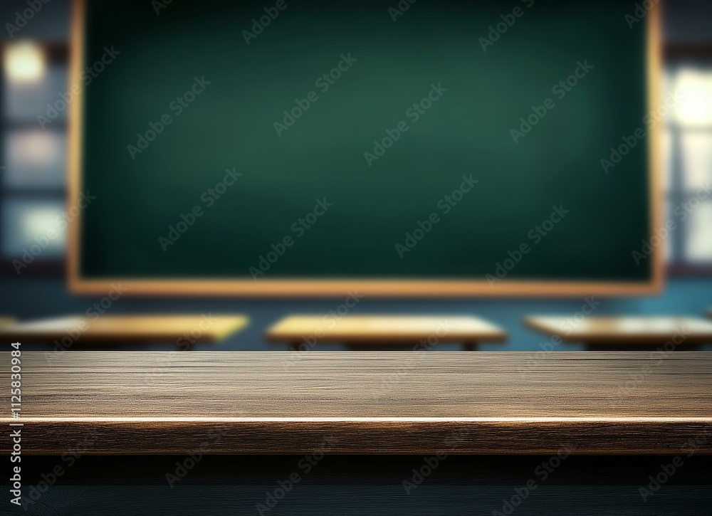 Poster Empty wooden table in front of blurred classroom with chalkboard.