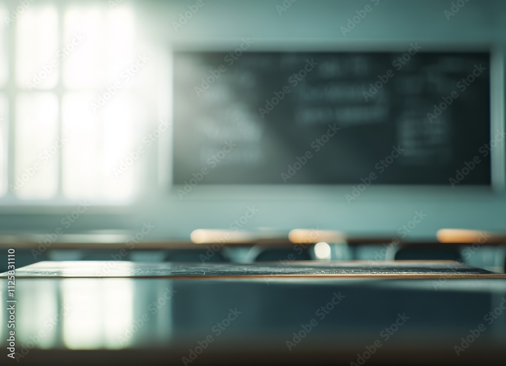 Poster Empty classroom desk with chalkboard and window in background.