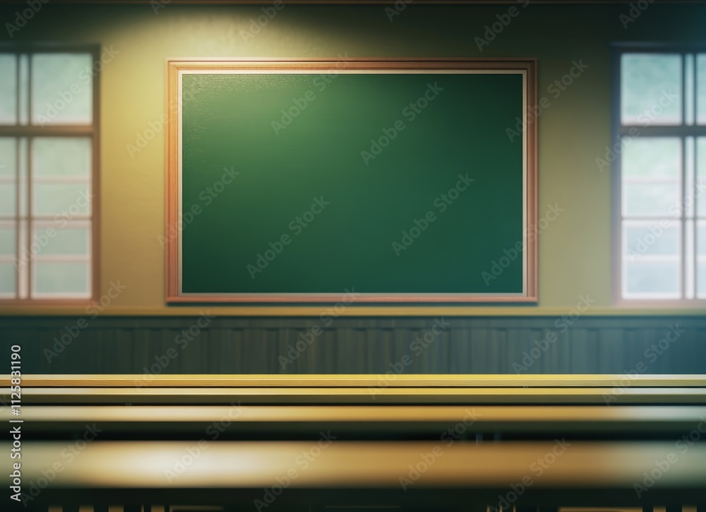 Poster Empty classroom with chalkboard and desks.