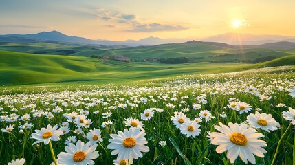 Obraz premium Sunset Over a Field of Daisies Rolling Hills Landscape Photography Natural Environment Wide Angle View Tranquility and Beauty