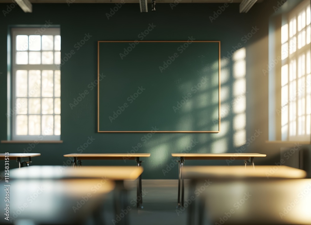 Poster empty classroom with chalkboard, desks, and sunlight streaming through windows.