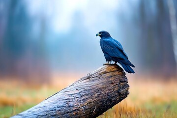 An eagle perched on a fallen tree in a foggy meadow, with its silhouette highlighted by diffused light