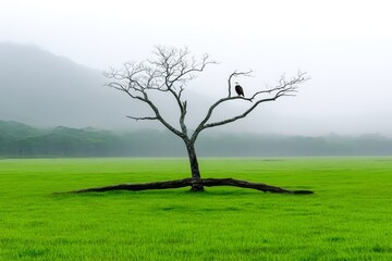 An eagle perched on a fallen tree in a foggy meadow, with its silhouette highlighted by diffused light