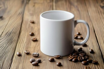 A white coffee mug surrounded by coffee beans on a wooden table.