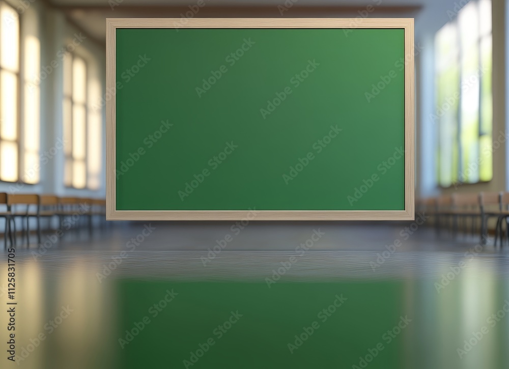 Poster empty green chalkboard in a classroom with wooden chairs and large windows.