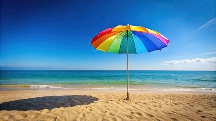 Colorful beach umbrella on a sunny summer day, rendering, summer, beach, umbrella, colorful, vibrant, leisure, relaxation, vacation