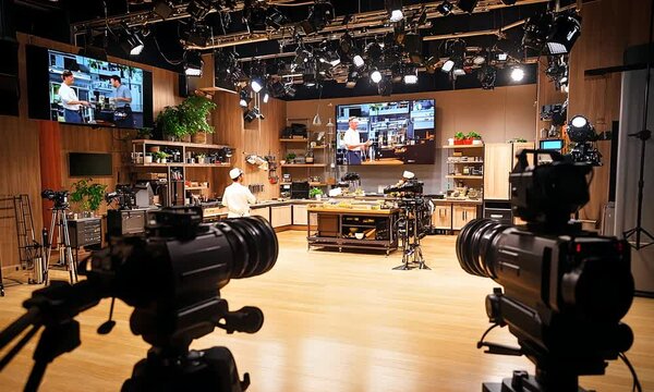 A well-equipped television studio designed for cooking shows, featuring cameras, lights, and a kitchen setup for culinary demonstrations.