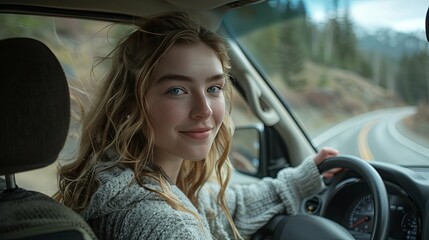 Naklejka premium Young woman with blonde hair driving a car on a scenic road trip