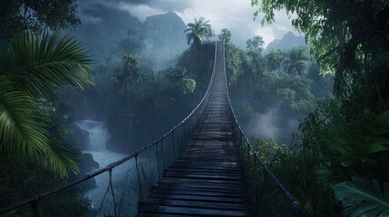 Obraz premium A beautiful, fog-covered suspension bridge stretches through a lush tropical forest, surrounded by mist and towering trees, inviting exploration